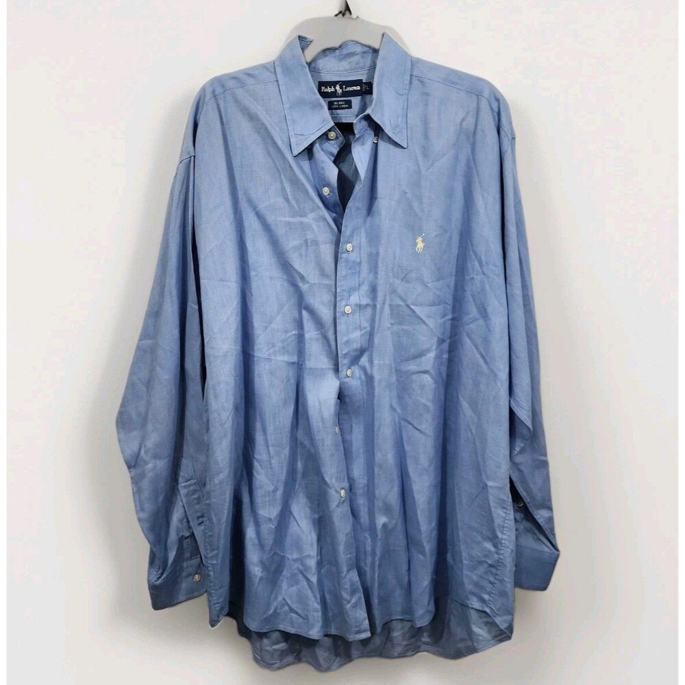 Vintage 90s Ralph Lauren 100% Linen Blake Shirt Light Blue Long Sleeve Men’s L